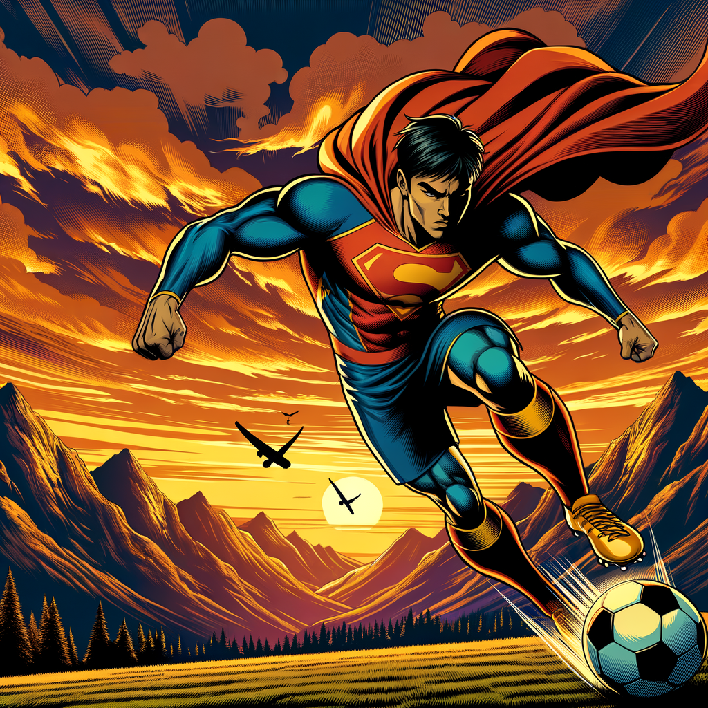 a super power football player kicking the ball with a sunset background in the mountain