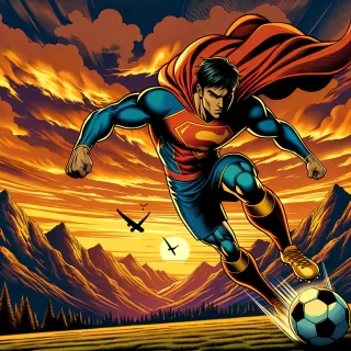 a super power football player kicking the ball with a sunset background in the mountain